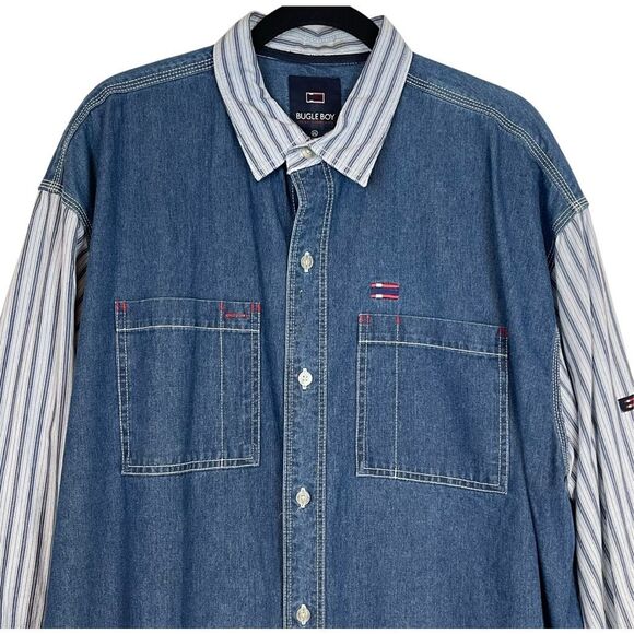 Vintage BUGLE BOY Shirt Men's Size XL Blue Denim Striped Button Down Cotton - Picture 2 of 12